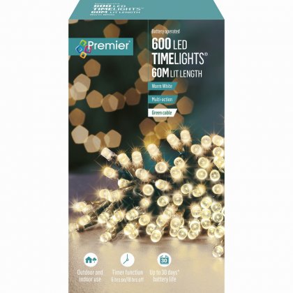 Premier Decorations Timelights Battery Operated Multi-Action 600 LED with Green Cable - Warm White