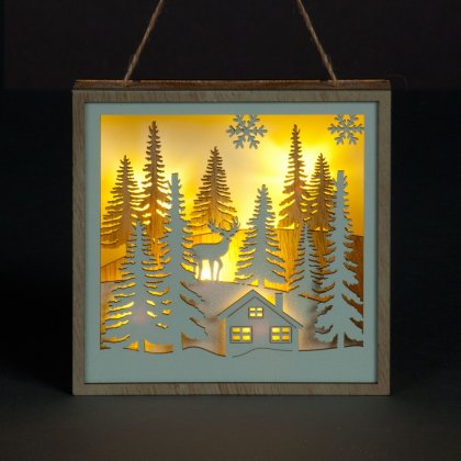 SnowTime Battery Operated Hanging Wood Frame with Deer & Trees Scene 15cm