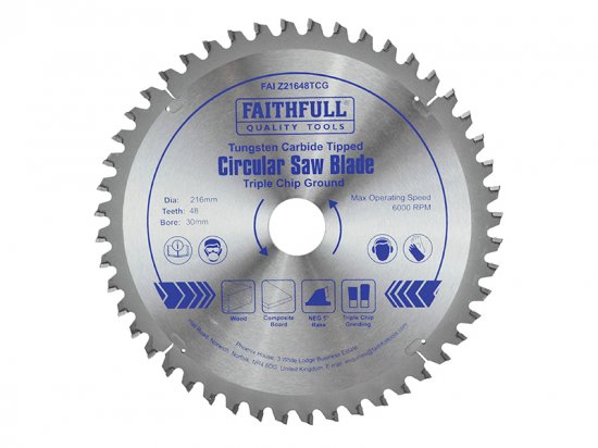 Faithfull TCT Circular Saw Blade Triple Chip Ground 216 x 30mm x 48T NEG