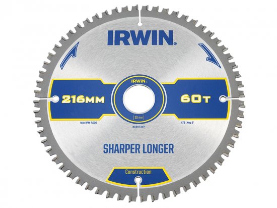 Irwin Construction Mitre Circular Saw Blade 216 x 30mm x 60T ATB/Neg